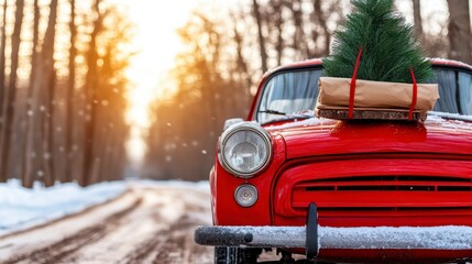 Vintage red car with Christmas tree on snowy road