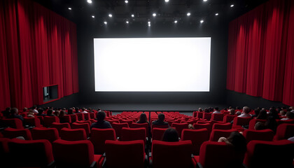 A modern movie theater interior with a blank white screen and red chairs, people sitting in a movie hall