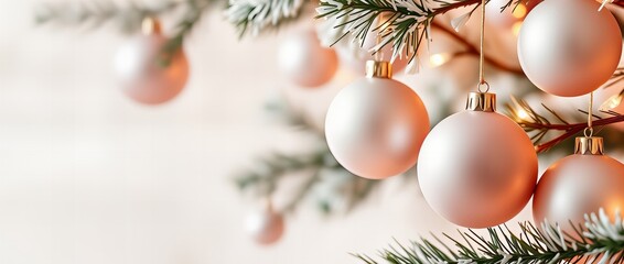 Delikatne r&oacute;żowe ozdoby świąteczne zawieszone na zielonej gałęzi drzewa, ozdobione ciepłymi, złotymi lampkami na delikatnym tle.

