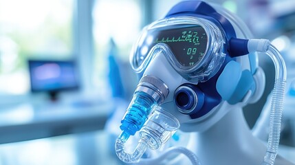 A close-up of a medical mask with digital display, likely for respiratory support.