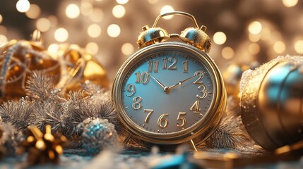 A classic gold alarm clock surrounded by festive decorations, capturing the essence of a joyful...