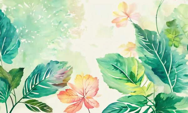 Watercolor green abstract background with floral pattern and leaves