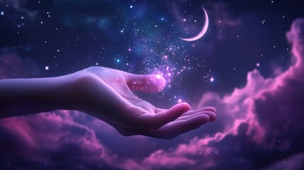 A hand is holding a crescent moon in the sky. The moon is surrounded by a cloud of stars. Concept of wonder and awe at the beauty of the night sky