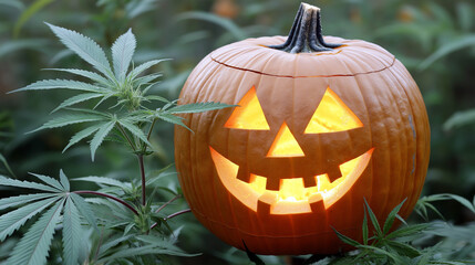 A jack-o'-lantern with a lit candle inside, surrounded by green foliage.