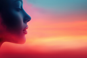 Woman's profile against a vibrant sunset with colors blending in the background