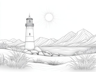 Tranquil Lighthouse Scene with Mountains and Serene Waters