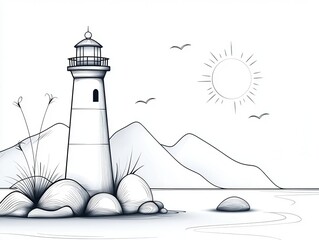 Serene Lighthouse by the Sea with Mountains in the Background