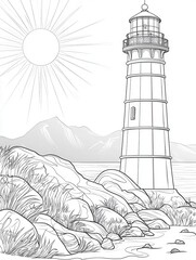 Tranquil Lighthouse Overlooking the Sea with Sunlit Mountains in Background