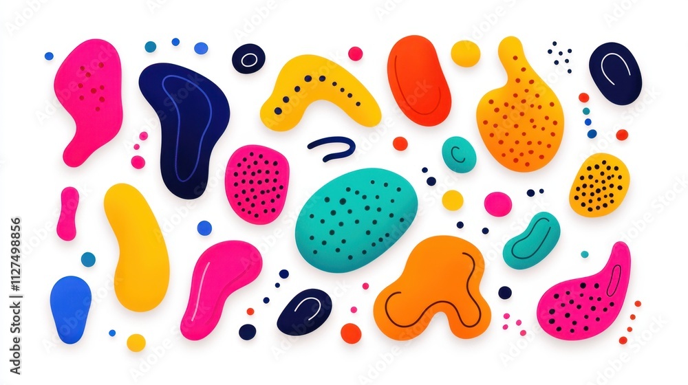 Poster collection of colorful, abstract shapes, including blobs, dots, and squiggles, arranged in a playful