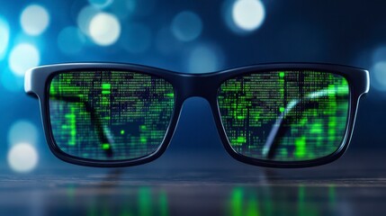 Futuristic glasses with digital matrix reflection