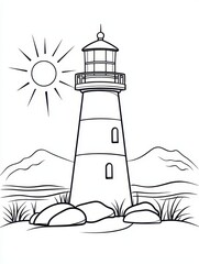 Serene Lighthouse Illustration Surrounded by Mountains and Sunlight