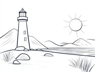 Tranquil Lighthouse Scene with Mountains and Sunlight in Outline Style