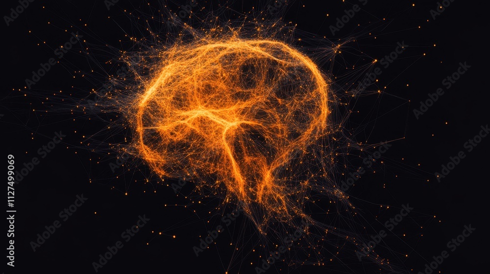 Poster glowing, intricate neural network in the shape of a human brain, suggesting the complexity and inter