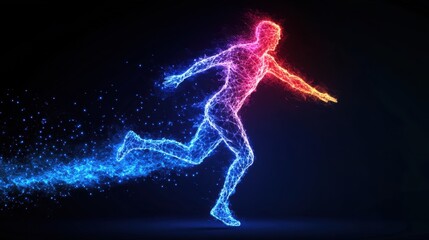 A glowing digital representation of a running human figure, illuminated in vibrant blue and red neon lights, against a dark background