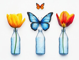 Vibrant Flowers and Butterfly in Artistic Glass Bottles Arrangement