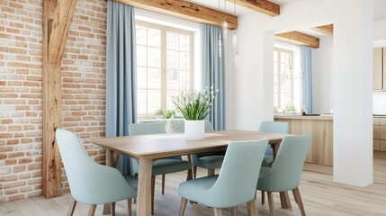 Fototapeta premium Cozy rustic dining room featuring olive green chairs and light blue curtains with warm wooden beams and a welcoming atmosphere for gatherings