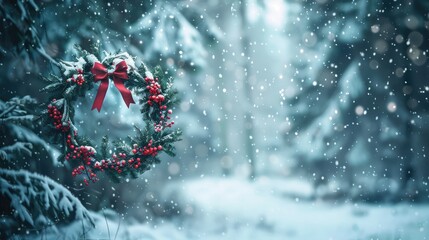  A festive wreath with red berries and a bow, hanging in a snowy forest clearing