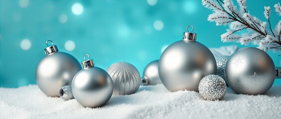 A serene winter scene featuring silver Christmas ornaments resting on a snowy surface, complemented by delicate snowflakes and a frosty blue background.


