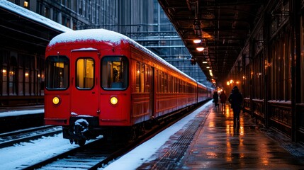 Obraz premium Silent winter evening at a vibrant train station