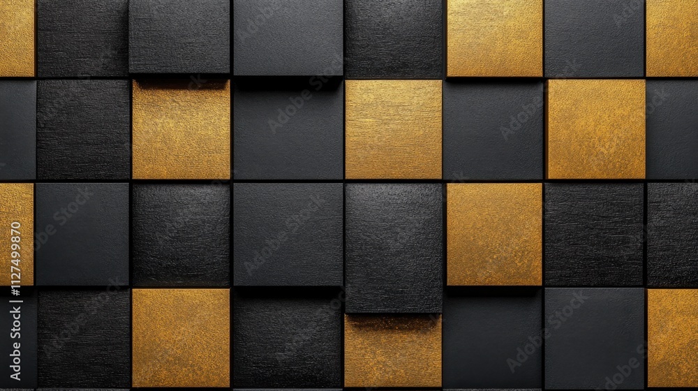 Poster geometric pattern with alternating black and gold squares, creating a stylish and modern visual effe