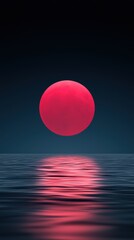 Enigmatic Red Moon Reflecting Over Tranquil Ocean Waters at Dusk