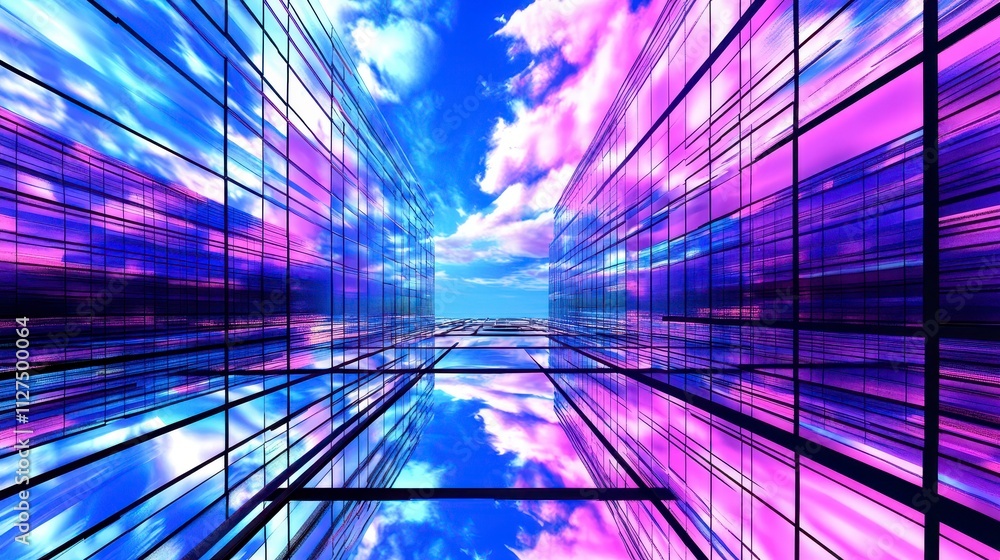 Poster futuristic architectural abstraction with colorful reflections