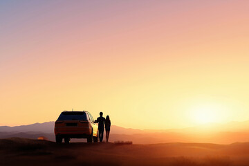 Couple enjoying sunset together next to their car in a scenic landscape