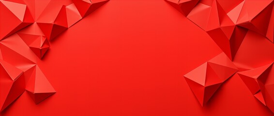 Abstrakcyjne czerwone geometryczne wielokątne kształty 3D tworzące ramkę na czerwonym tle. Nowoczesny minimalistyczny design. Szablon banera z miejscem na kopię.