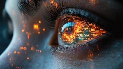 A close-up of an eye reflecting a digital cityscape, blending human and technological elements.