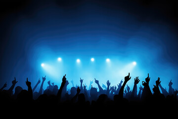 Energetic crowd enjoying live music performance at night concert with blue lighting