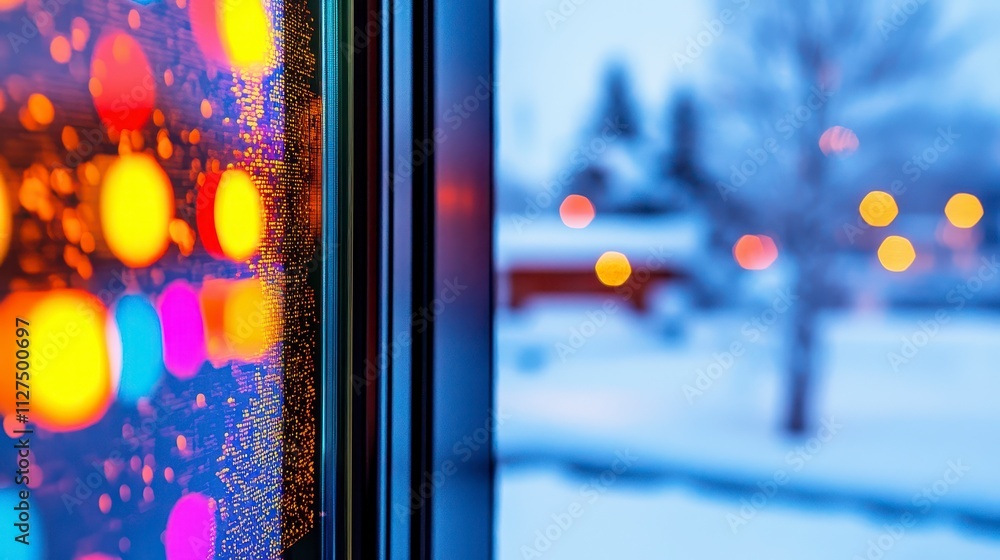 Poster winter window view with colorful bokeh lights