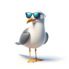 Obraz premium coole Möwe mit Sonnenbrille 3D Figur auf weißem Hintergrund isoliert Seemöwe Lachmöwe grau weiß gelber Schnabel Federn Flügel Urlaub Meer Strand Sonne genießen Geschäftsmann Inselurlaub Küste Vogel