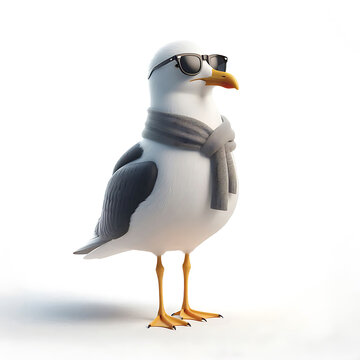 coole M&ouml;we mit Sonnenbrille 3D Figur auf wei&szlig;em Hintergrund isoliert Seem&ouml;we Lachm&ouml;we grau wei&szlig; mit Schaal wie Urlauber am Meer Strand Sonne genie&szlig;en Gesch&auml;ftsmann Inselurlaub K&uuml;ste Vogel Nordsee Sylt