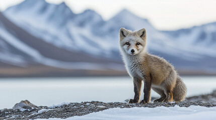 Obraz premium Arctic fox with white fur, adorable animal in winter wildlife in snow, cute polar predator portrait, fluffy tundra mammal, young vulpes in icy landscape, svalbard fauna.