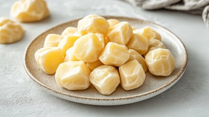A minimalistic arrangement of neatly cut jackfruit pieces on a textured plate against a soft background