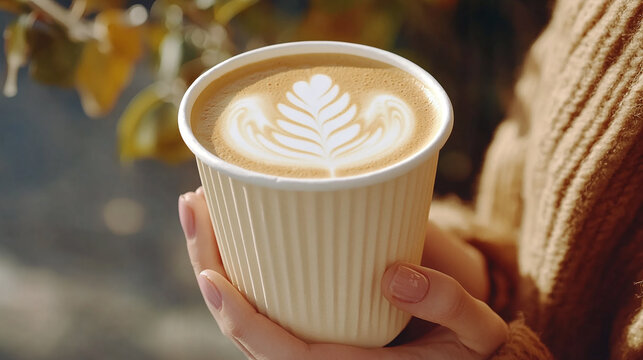 Coffee drink takeaway cup in hand, holding hot cappuccino mug, morning cafe latte to go, espresso in paper container, woman with disposable beverage, fresh caffeine mockup.