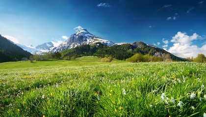 field of spring grass and mountain