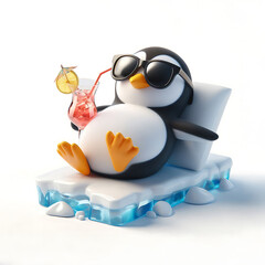 Obraz premium niedlicher 3D Pinguin mit Sonnenbrille liegt bequem auf einer Eisscholle mit einem bunten Cocktail in der Hand isoliert auf weißem Hintergrund 