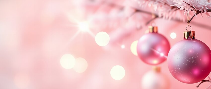 Delikatne r&oacute;żowe ozdoby świąteczne zwisające z oszronionej gałęzi, podkreślone ciepłym efektem bokeh na delikatnie r&oacute;żowym tle.

