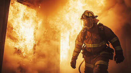 Fototapeta premium Firefighter battles house engulfed in flames, emergency rescue amid burning blaze, dangerous heat threatens building, safety personnel in uniform combat fire, smoke billows as fireman uses equipment.