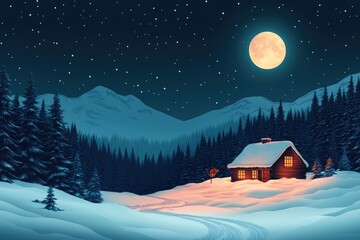 Fototapeta premium Cozy cabin surrounded by snow with a full moon shining bright in the background