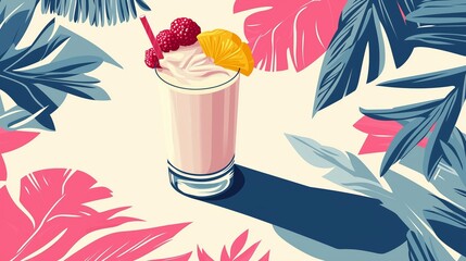 Naklejka premium A vibrant fruit smoothie topped with raspberries and pineapple, surrounded by colorful tropical leaves