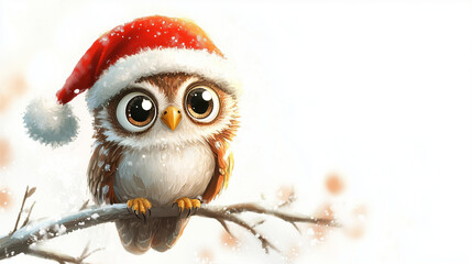 Fototapeta premium Cartoon Owl in Santa Hat on Snowy Branch for Holiday Cards