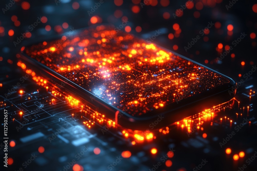 Poster close-up of a cell phone placed on a circuit board with electronic components