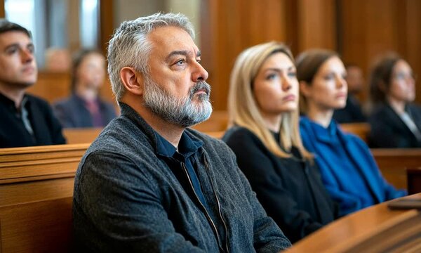 Attentive man with gray hair and beard sitting in a courtroom, listening intently. Other people in the background are also paying attention.
