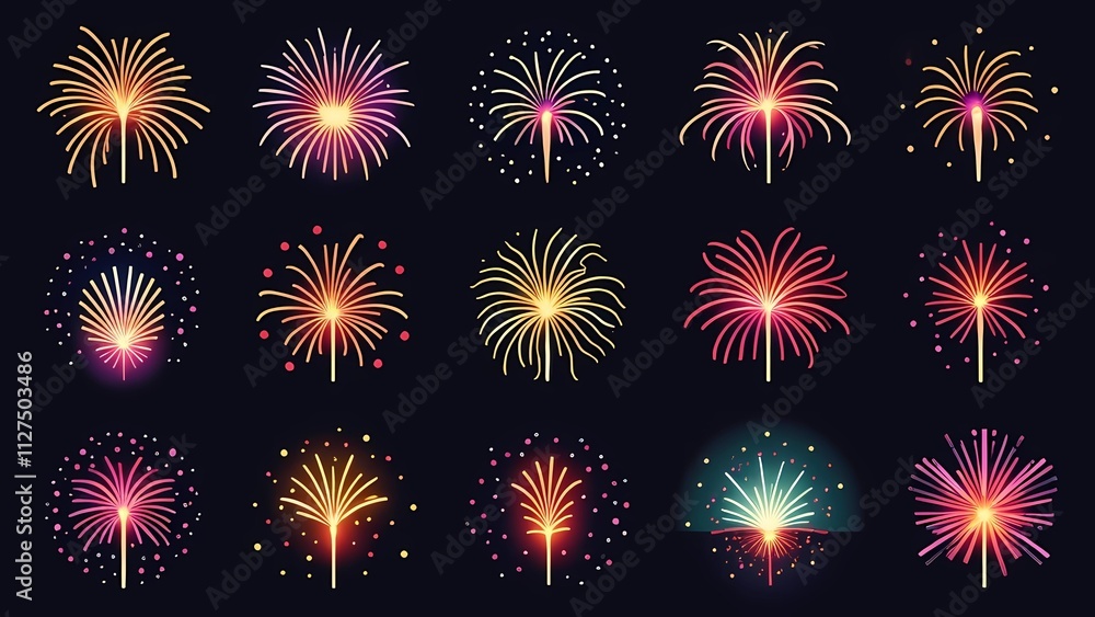 Poster a vibrant vector graphic of fireworks exploding, featuring a mix of colors and designs against a dar