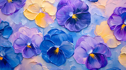 A painting of purple and yellow flowers