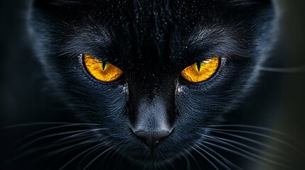 Close-up of a black cat with bright yellow eyes.