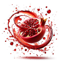 roter Granatapfel in wirbelnden Kerne schwebend 3D umspült von Spritzer wie Wasser frisch dynamisch gesundes Obst Diät Vorlage isoliert heller Hintergrund Frucht Früchte lecker fröhlich erfrischend