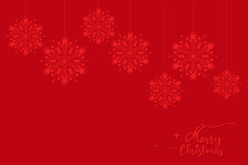 Merry Christmas snowflakes pattern with copy space. Holiday red background with beautiful flowers starry balls, gif card celebration, happy new year, vector festive banner